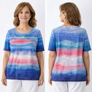 Alfred Dunner Blue Pink Multicolor Watercolor Stripe Short-Sleeve Top